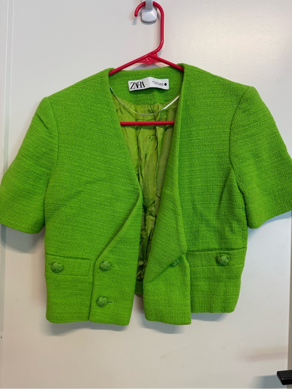 Zara Bright Lime Green Cropped Textured Jacket, XS